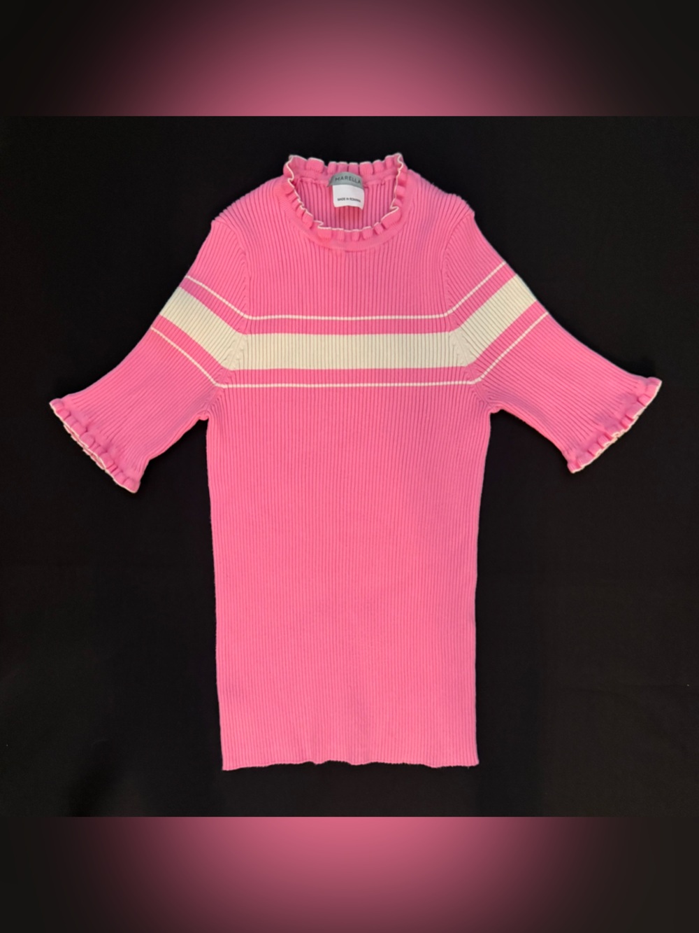 MARELLA Pink Ribbed Short-Sleeve Top with Cream Stripe